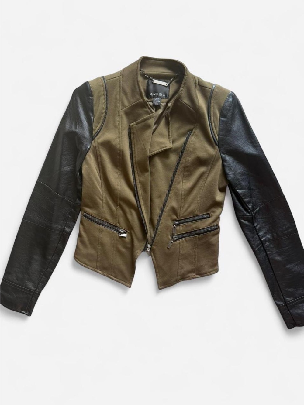 Amisu Olive Green Jacket with Black Leather Sleeves